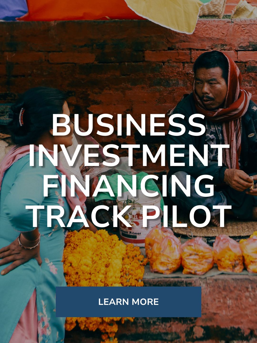Two people conversing in a market-like setting with marigold flowers and packaged goods in the background. Overlaid text reads 'BUSINESS INVESTMENT FINANCING TRACK PILOT', indicating a focus on business and financial initiatives.