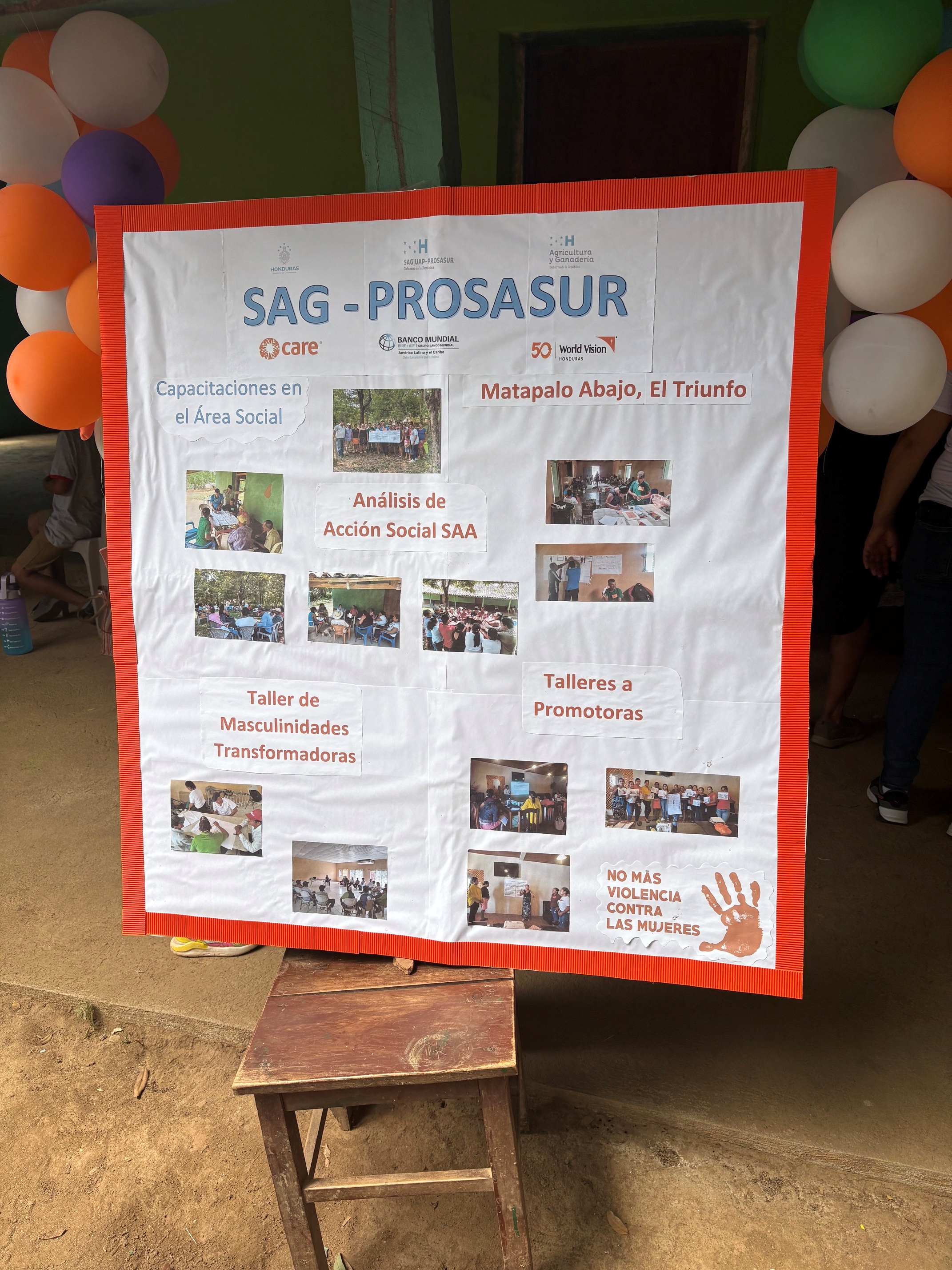 A large informational display board stands at the entrance of a community venue decorated with colorful balloons. The board, titled “SAG-PROSASUR,” features photographs and text highlighting social development training activities in Matapalo Abajo, El Triunfo, Honduras. Sections on the board include workshops on social action analysis, transformative masculinities, and training for community promoters. Logos of partner organizations, including CARE, the World Bank, and World Vision, appear at the top. A message in the lower right corner reads: “No más violencia contra las mujeres” (“No more violence against women”).