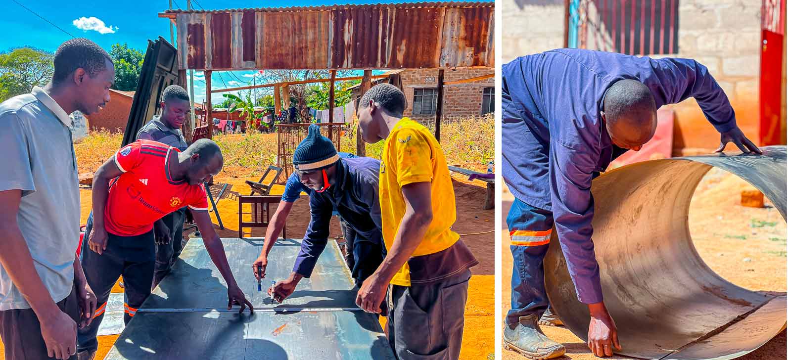 TANIPAC trainees measure and construct steel storage silos in Dodoma, Tanzania.