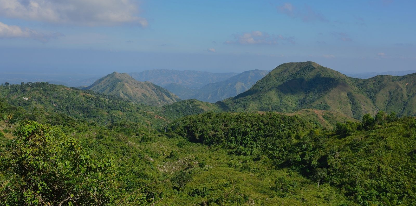 Scenic view of lush green mountains in Haiti under a clear blue sky with scattered clouds.