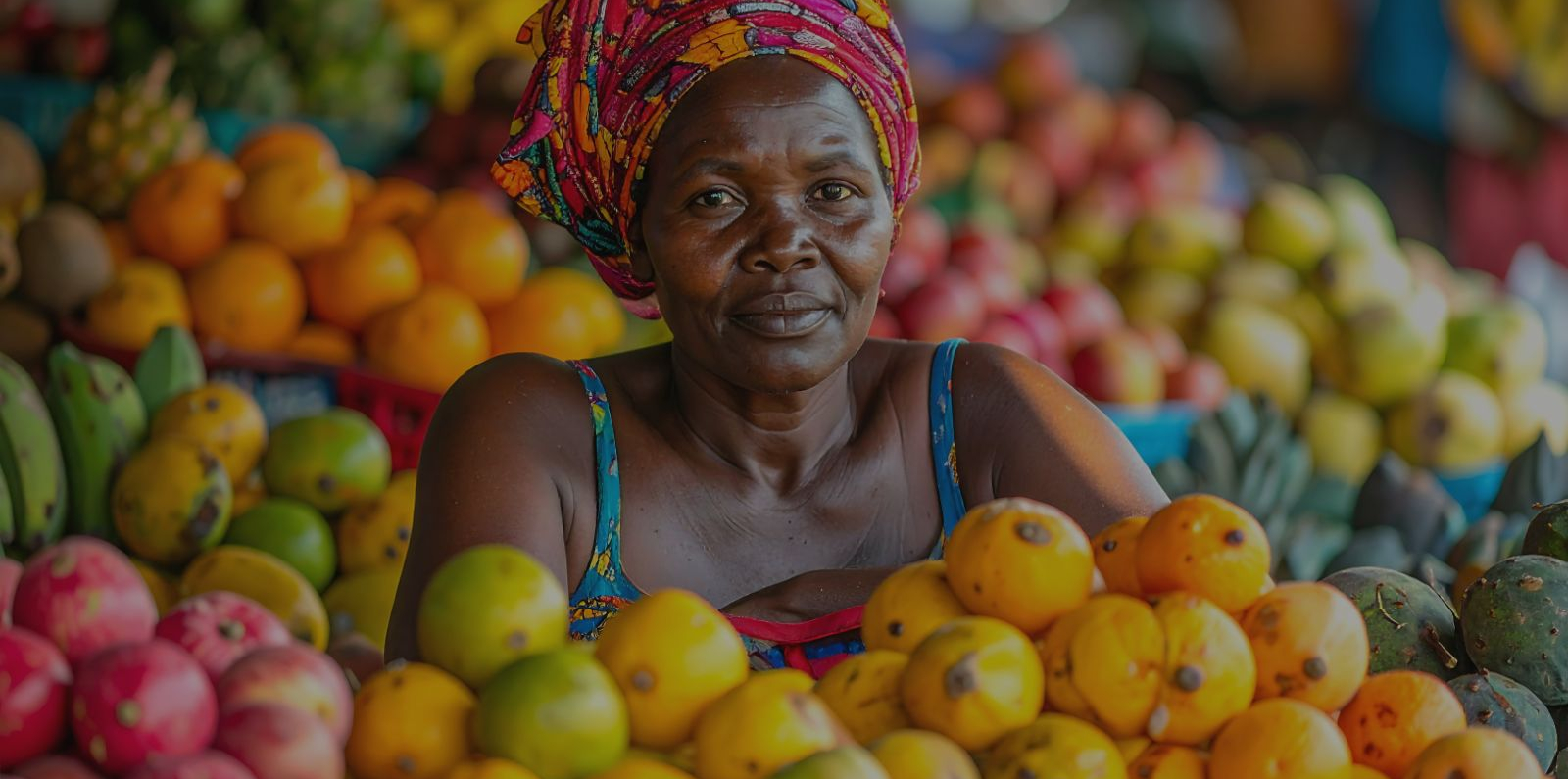 A market vendor wearing a colorful patterned headwrap sits behind a large display of fresh fruits, including mangoes, papayas, and other vibrant produce at an outdoor market stall.
