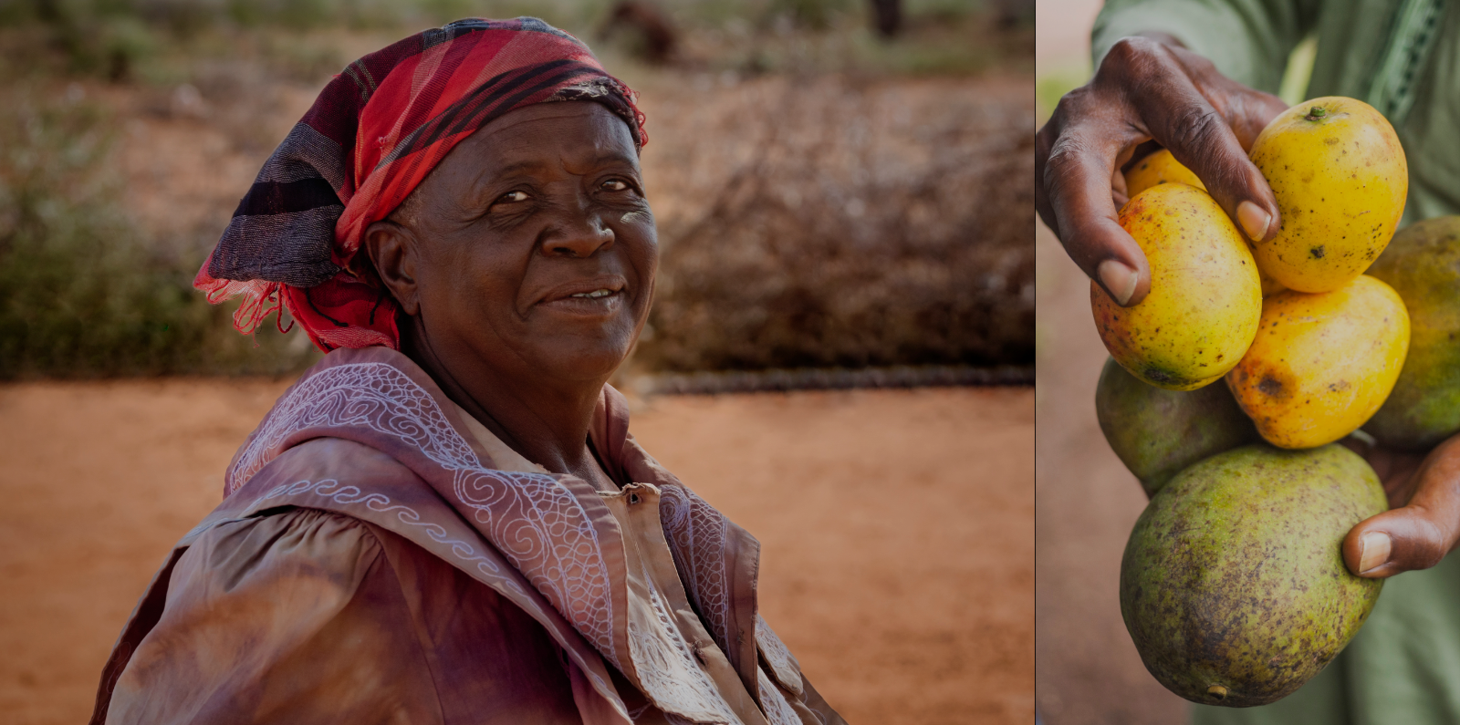 Close-up of a person wearing a red and purple patterned headscarf and layered clothing, seated outdoors on reddish-brown ground. The background is softly blurred, showing an arid landscape and another partially visible person at the edge of the frame.
