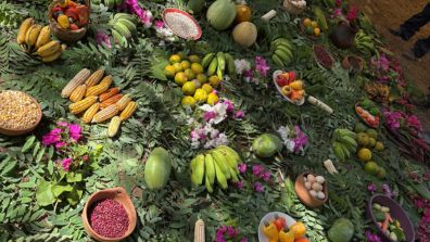 An overhead view of a colorful display of agricultural produce arranged on a bed of green leaves outdoors. Bunches of bananas and plantains, ears of corn, citrus fruits, papayas, beans, eggs, peppers, and other fruits and vegetables are placed in clay bowls and baskets, interspersed with pink and white flowers. The produce forms a vibrant harvest scene highlighting food diversity and abundance.