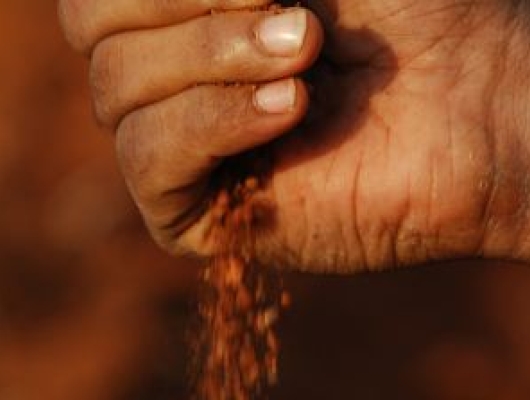 A close-up of a hand holding reddish-brown soil, letting it fall through the fingers against a blurred earthy background.